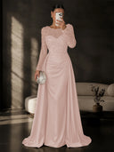 Satin Mermaid Evening Dresses Long Sleeve Beaded Sheer Neck Satin Overlay