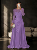 Satin Mermaid Evening Dresses Long Sleeve Beaded Sheer Neck Satin Overlay
