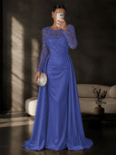 Satin Mermaid Evening Dresses Long Sleeve Beaded Sheer Neck Satin Overlay