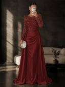 Satin Mermaid Evening Dresses Long Sleeve Beaded Sheer Neck Satin Overlay
