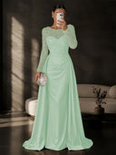 Satin Mermaid Evening Dresses Long Sleeve Beaded Sheer Neck Satin Overlay