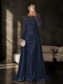 Satin Mermaid Evening Dresses Long Sleeve Beaded Sheer Neck Satin Overlay