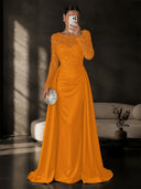 Satin Mermaid Evening Dresses Long Sleeve Beaded Sheer Neck Satin Overlay