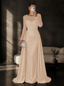 Satin Mermaid Evening Dresses Long Sleeve Beaded Sheer Neck Satin Overlay