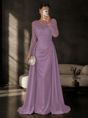 Satin Mermaid Evening Dresses Long Sleeve Beaded Sheer Neck Satin Overlay