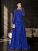 Satin Mermaid Evening Dresses Long Sleeve Beaded Sheer Neck Satin Overlay