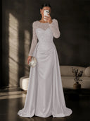 Satin Mermaid Evening Dresses Long Sleeve Beaded Sheer Neck Satin Overlay