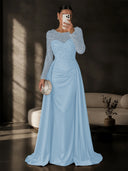 Satin Mermaid Evening Dresses Long Sleeve Beaded Sheer Neck Satin Overlay
