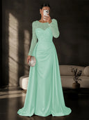 Satin Mermaid Evening Dresses Long Sleeve Beaded Sheer Neck Satin Overlay