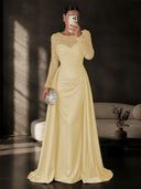 Satin Mermaid Evening Dresses Long Sleeve Beaded Sheer Neck Satin Overlay