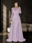 Satin Mermaid Evening Dresses Long Sleeve Beaded Sheer Neck Satin Overlay