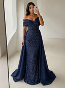 Sequin Mermaid Evening Dresses Ruched Off Shoulder Overlay
