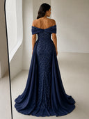 Sequin Mermaid Evening Dresses Ruched Off Shoulder Overlay