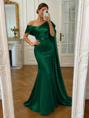 Satin Mermaid Long Evening Dresses Emerald Green Off Shoulder with Cape Sleeve