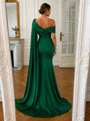 Satin Mermaid Long Evening Dresses Emerald Green Off Shoulder with Cape Sleeve