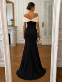 Satin Mermaid Long Evening Dresses Black and Ivory Off Shoulder with Side Slit