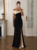 Satin Mermaid Long Evening Dresses Black and Ivory Off Shoulder Twisted with Slit