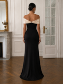 Satin Mermaid Long Evening Dresses Black and Ivory Off Shoulder Twisted with Slit