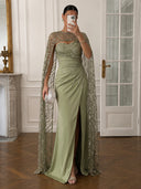 Mermaid Long Evening Dresses Emerald Green Cape Sleeves Sheer Sequin with Slit