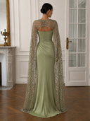 Mermaid Long Evening Dresses Emerald Green Cape Sleeves Sheer Sequin with Slit