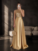 Satin Long Evening Dresses A Line with Slit Round Neck Sleeveless Sequin Top