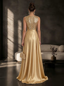 Satin Long Evening Dresses A Line with Slit Round Neck Sleeveless Sequin Top