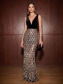 Mermaid Evening Dresses Black V Neck Velvet Diamond Shaped Beaded Mesh Sheer