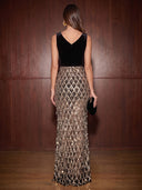 Mermaid Evening Dresses Black V Neck Velvet Diamond Shaped Beaded Mesh Sheer
