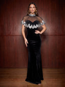 Sparkly Mermaid Evening Dresses Black V Neck Velvet High Neck Sheer Cape
