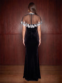 Sparkly Mermaid Evening Dresses Black V Neck Velvet High Neck Sheer Cape