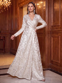 Floral Jacquard Evening Dresses Ivory A Line Wrap V Neck Long Sleeve