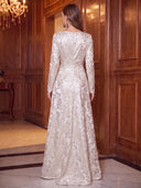Floral Jacquard Evening Dresses Ivory A Line Wrap V Neck Long Sleeve