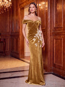 Velvet Mermaid Evening Dresses Long Brown Twist Off Shouler with 3D Flower