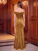 Velvet Mermaid Evening Dresses Long Brown Twist Off Shouler with 3D Flower