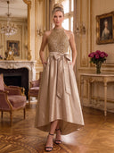 Satin Long Evening Dresses A Line Hi-Low Halter Sleeveless Sequin Top