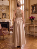 Satin Long Evening Dresses A Line Hi-Low Halter Sleeveless Sequin Top