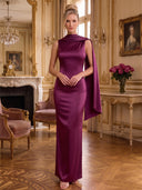 Satin Long Evening Dresses Mermaid High Neck with Scarf Sleeveless Formal Dresses Wedding Guest