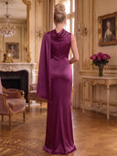 Satin Long Evening Dresses Mermaid High Neck with Scarf Sleeveless Formal Dresses Wedding Guest