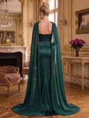 Satin Long Evening Dresses Mermaid Halter Sleeveless with Scarf