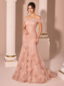 Tulle Long Dusty Rose Evening Dresses Mermaid Off Shoulder Sleeveless Flower with Lace