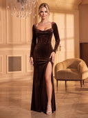 Velvet Long Brown Evening Dresses Mermaid Square Neck Long Sleeves with Slit