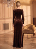 Velvet Long Brown Evening Dresses Mermaid Square Neck Long Sleeves with Slit