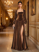 Velvet Long Brown Evening Dresses A Line Square Neck Long Sleeves with Slit