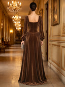 Velvet Long Brown Evening Dresses A Line Square Neck Long Sleeves with Slit