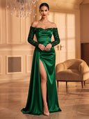 Satin Sequin Long Emerald Evening Dresses Mermaid Off Shoulder Long Sleeves with Slit