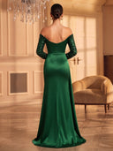 Satin Sequin Long Emerald Evening Dresses Mermaid Off Shoulder Long Sleeves with Slit