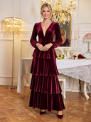 Velvet Long Burgundy Evening Dresses A Line V Neck Long Sleeves with Tiered