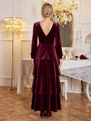 Velvet Long Burgundy Evening Dresses A Line V Neck Long Sleeves with Tiered