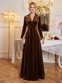Velvet Long Brown Evening Dresses A Line V Neck Long Sleeves