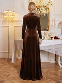 Velvet Long Brown Evening Dresses A Line V Neck Long Sleeves